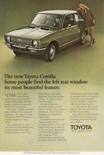 1971 Toyota Corolla: Left Rear Window Its Most Beautiful Vintage Print Ad - Picture 1 of 1