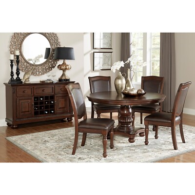 NEW Brown Cherry 54'' Round Dining Table & Chairs Traditional Set & Buffet Server