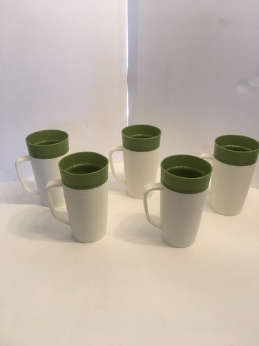 Vintage Raffiaware Thermo Temp Mug Tumbler Ivory/Avocado Green Ribbed Handle 5pc