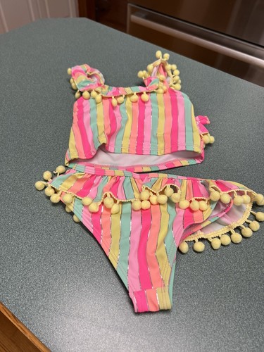 Nicole Miller 2 PC Pink Green Pom Pom Bikini Swimsuit Girl Sz 4T - Picture 4 of 8