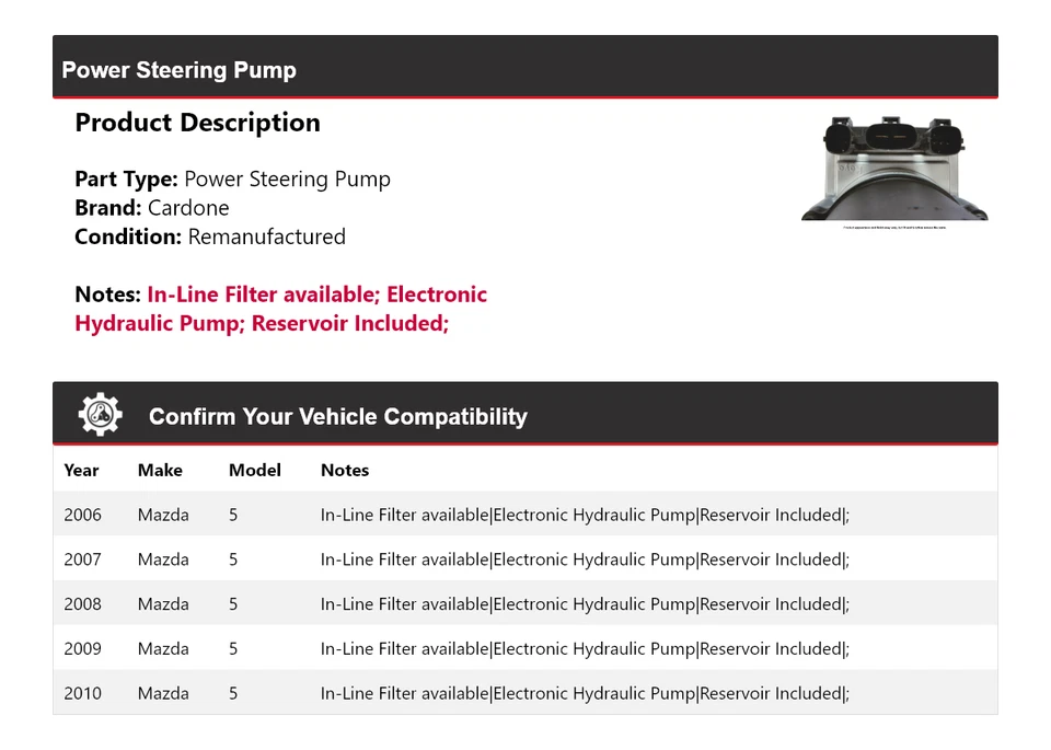 Bomba de dirección asistida Cardone para Mazda 5 2006-2010 2007 2008 2009 Foto 2 de 4