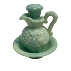 VTG Avon Moonwind Jadeite Green Milk Glass Pitcher W/Stopper and Bowl 5" Tall