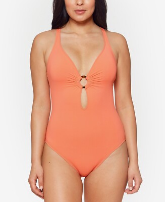 Rod Beattie Ring Me Up Plunge One-Piece Swimsuit in Coral Chic , Size 8