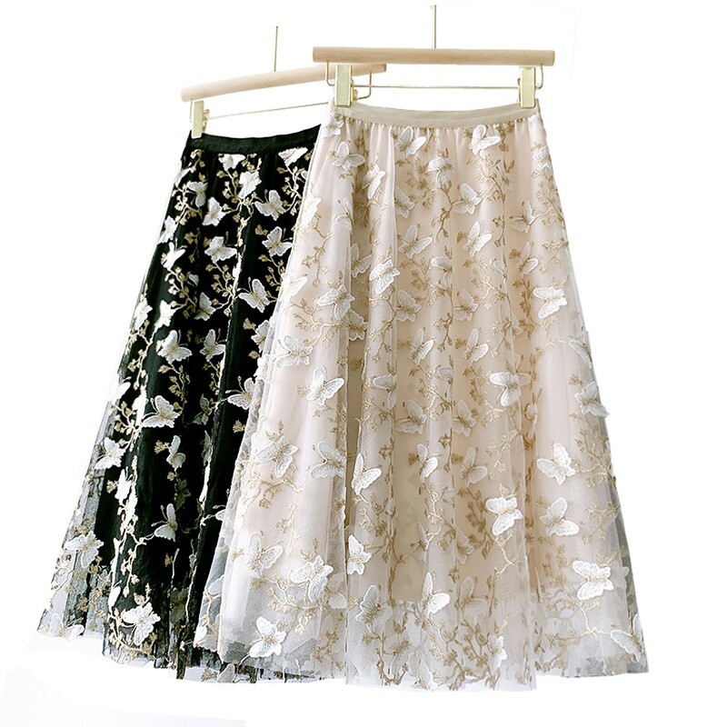 Ladies A-line Mesh Lace Embroidery Skirt Butterfly Midi