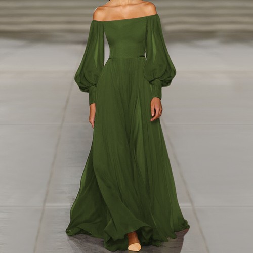 Schulterfreies langes lockeres Damen-Maxikleid mit Glockenärmeln Cocktail Abend Ballkleid - Bild 8 von 17