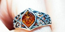 Honey Baltic Amber Marquise Shaped in a Lacy Sterling Silver Ring Size 8