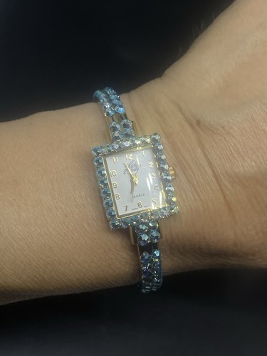 Kirks Folly GoldTone Blue AB Crystal 6.1” Watch Cuff Bracelet Needs Battery - Picture 5 of 6