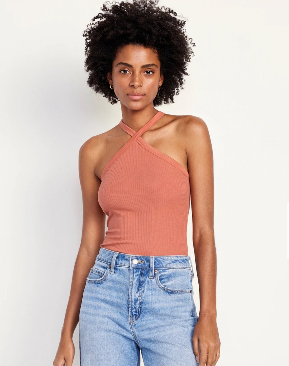 Old Navy Women’s Fitted Rib-Knit Halter Tank Top Amberglow Size XS S M XL  Petite - Main Image
