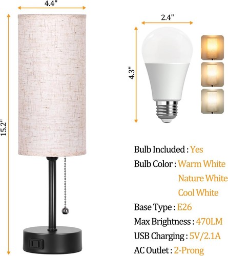 15" Table Lamp for Bedroom 3-Color Bedside Lamp with Pull Chain and AC Outlet - Picture 3 of 6