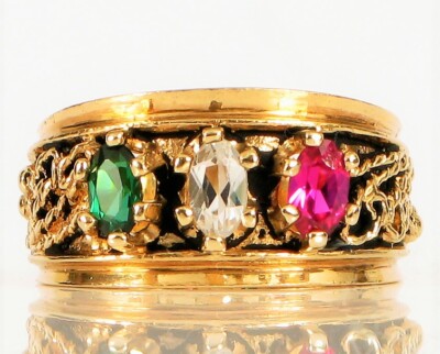 VINTAGE DESIGNER SIGNED DC 10K YELLOW GOLD PAST PRESENT FUTURE RING TRIPLE  STONE