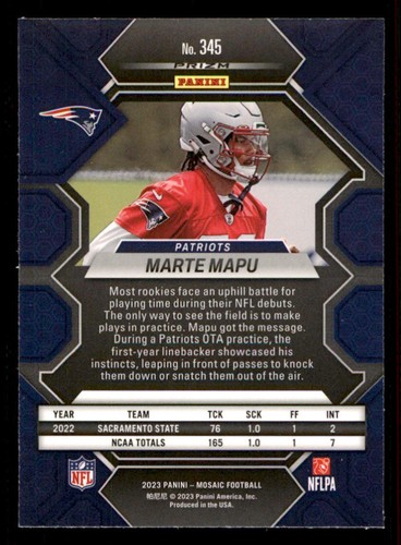 2023 Panini Mosaic #345 Marte Mapu RC - Picture 2 of 2