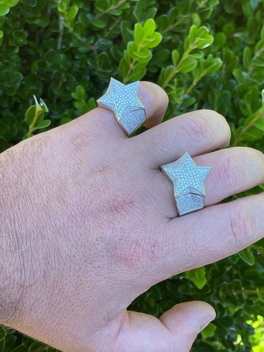 Solid 925 Silver Iced Hip Hop Out STAR Pinky RING REAL Solid 925 Silver Iced Hip Hop Out STAR Pinky RING REAL