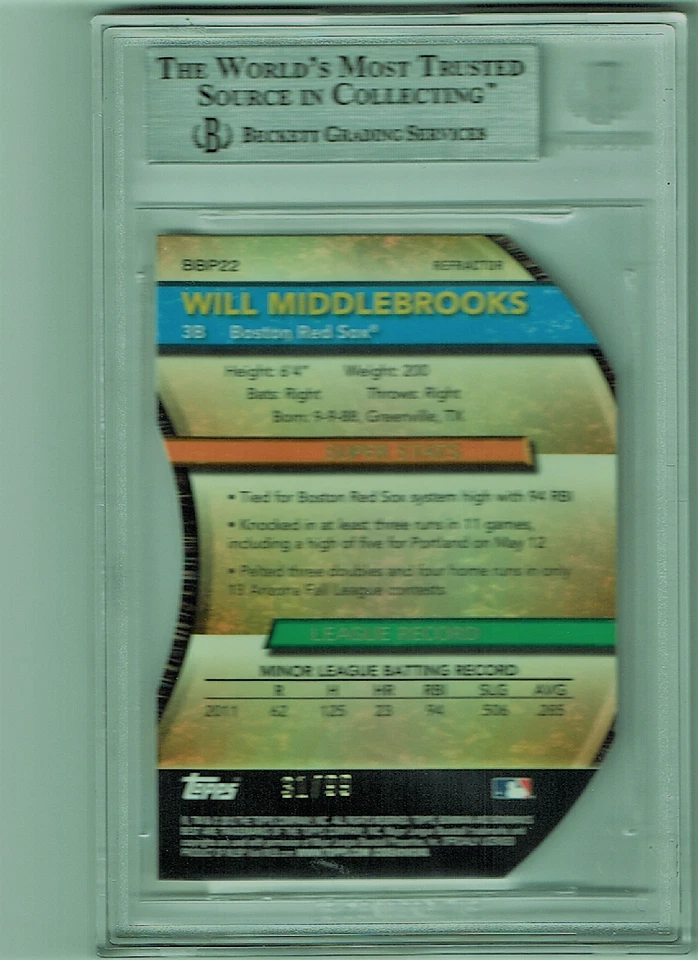 Refractores troquelados Bowman Best Prospects 2012 #BBP22 Will Middlebrooks 9 como nuevo Foto 2 de 2