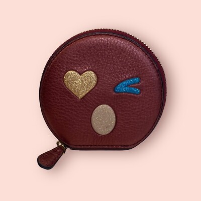 COACH Coin Purse Round Emoji Heart Glitter Bling Bordeaux Zip