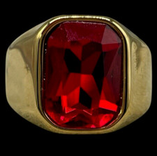 ANELLO CRISTALLO ROSSO RETTANGOLARE BRILLANTE DORATO IN ACCIAIO INOX UOMO DONNA.