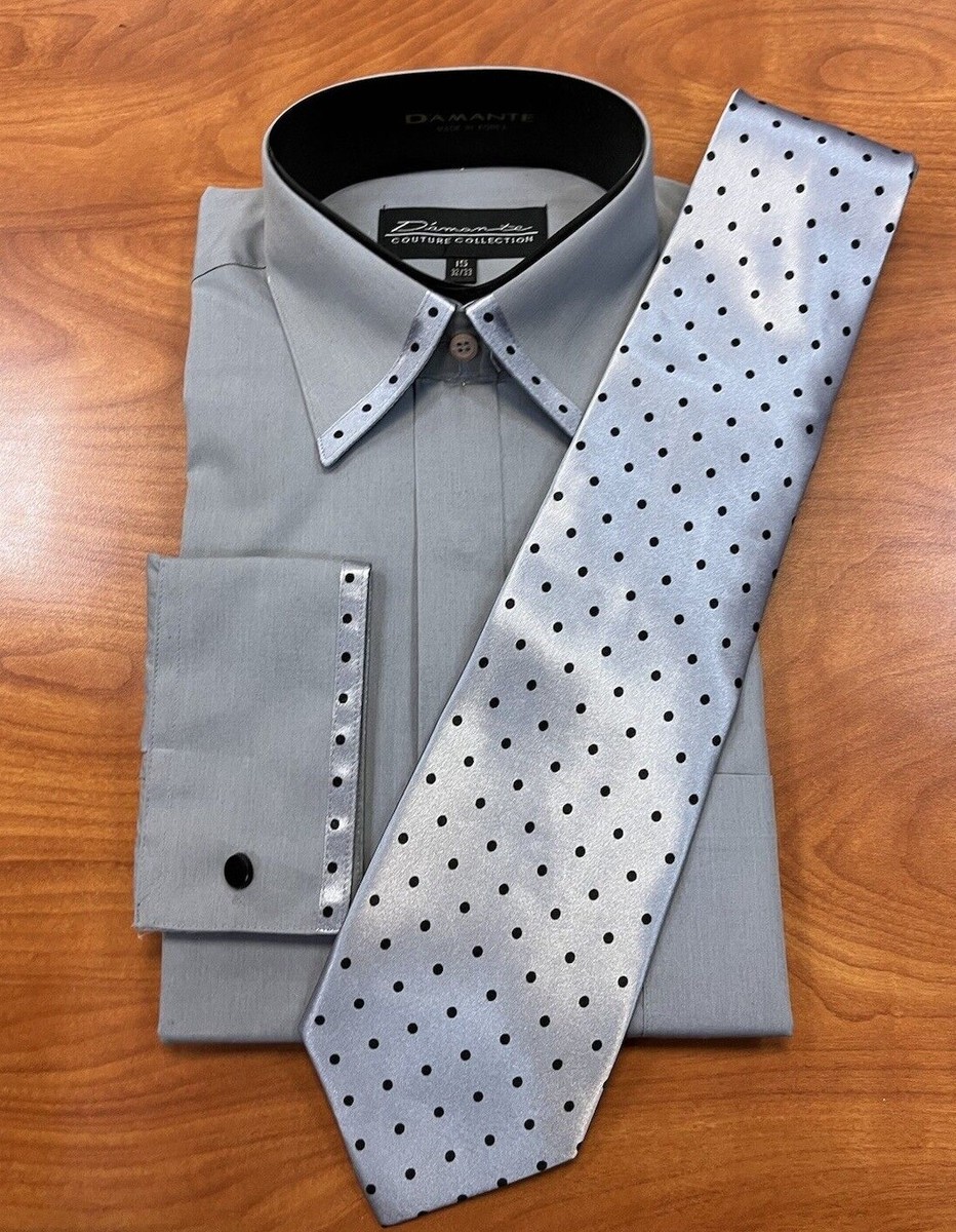 Mens Piece Dress Shirt TIE set Formal Button Down Dark Gray