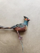 Vintage Pheasant Wire Feet Bird 2" tall 5" Tail Real Feathers Ornament