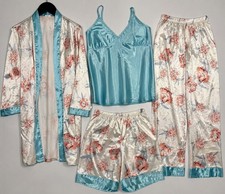 4 Pc Satin Floral Pajama Set Robe Cami Pants Shorts Size S Missing Belt
