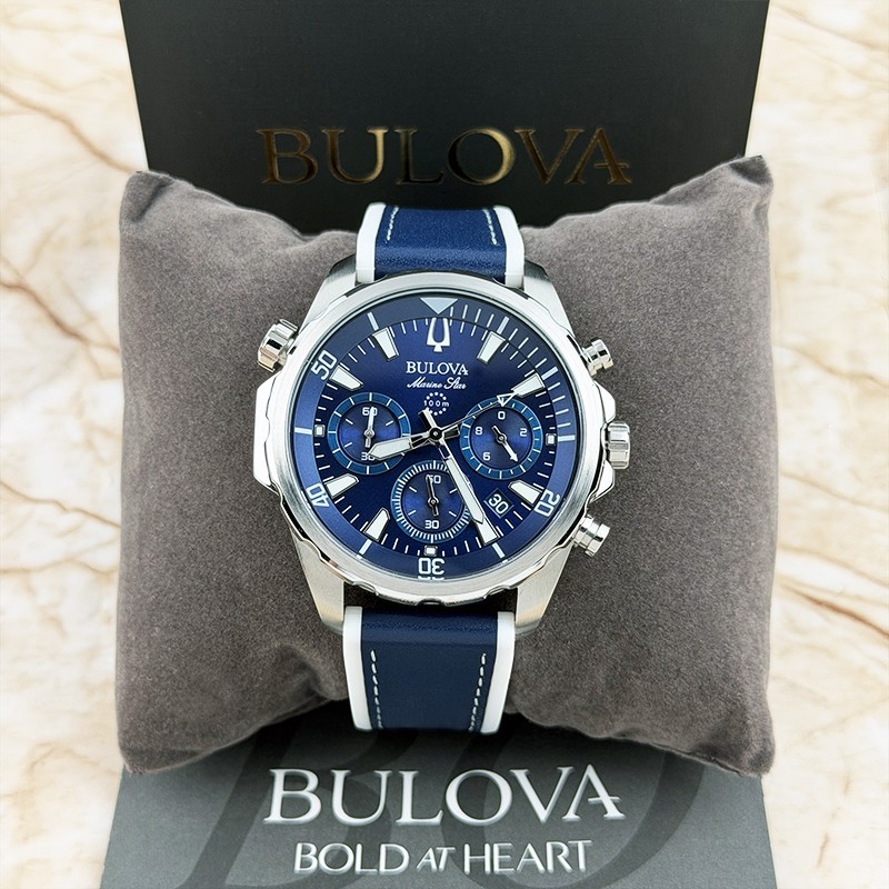 Bulova Marine Star 96B287 Blue Dial Silicone Strap Men's Quartz Watch 43mm