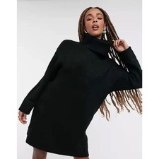 Topshop Womens Funnel Neck Rib Knit Long Sleeve Sweater Dress Black M(8-10) $75