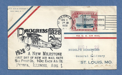 PROGRESS 1828 PEORIA TO ST LOUIS AUG 1,1928 RC19A  FIRST FLIGHT COVER