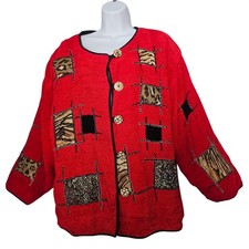 Dressbarn Woman VTG Animal Print Patchwork Jacket 2X Red Art to Wear Eclectic