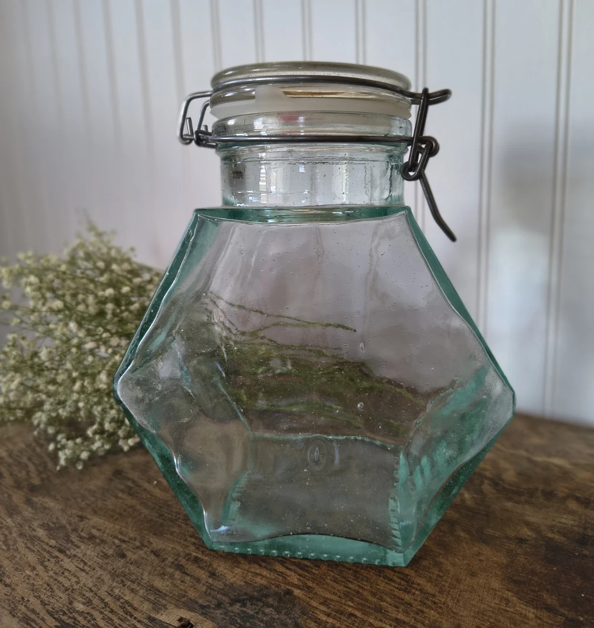 Hexagon Glass Canister Jar, Green Tint Clear, Metal Bail/Clamp Lid, 500 ml