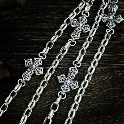 S925 Sterling Silver Vintage Fleur De Lis Cross Station Chain Statement Necklace