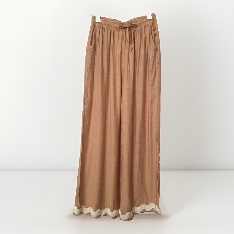 Beige Tan Rick Rack bottom Wide Leg Pants Cotton Linen Made In California Sz L