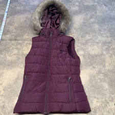 Banana Republic Faux Fur Puffer Vest Women's XS Burgundy Full Zip Removable Hood