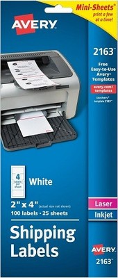 Avery 2163 Mini-Sheets Shipping Labels, 2 x 4, White, 100/Pack