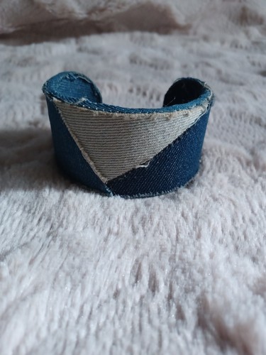 Vintage 90s Y2K Early 2000's Multicolor Blue Jean Scrap Denim Wide Cuff Bracelet - Picture 2 of 8