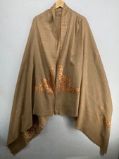 Wool Scarf Shawl Kashmiri Wrap Embroidered Floral Oversized Fringe Camel Brown