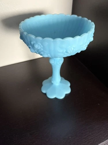 Vintage Fenton Pedestal Candy Compote Cabbage Roses Blue White Marble Slag