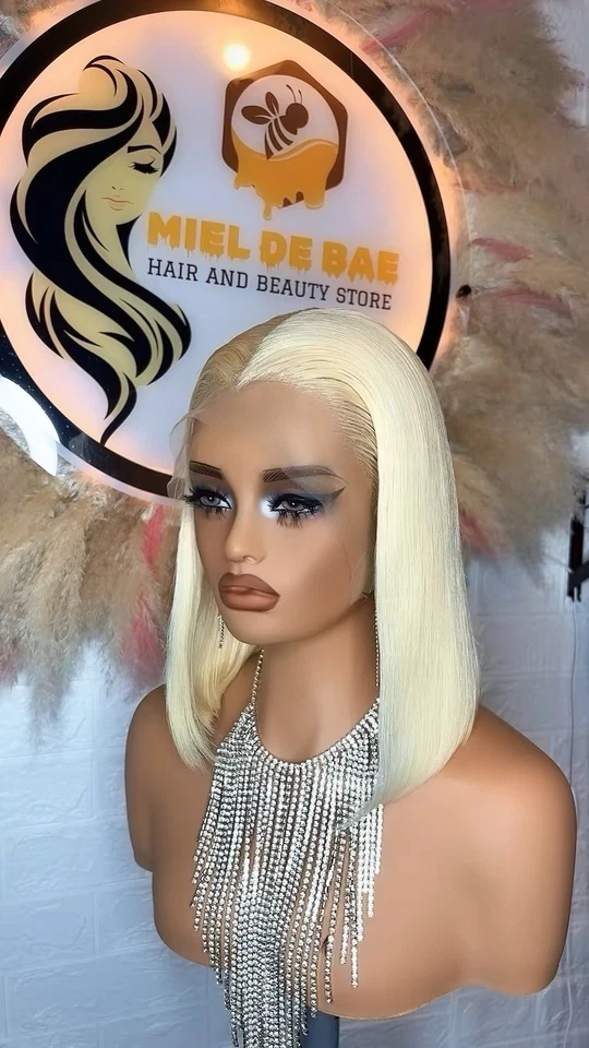 Peluca de cabello humano Bob corta 613 rubia con frente de encaje transparente 13x4 Foto 3 de 4