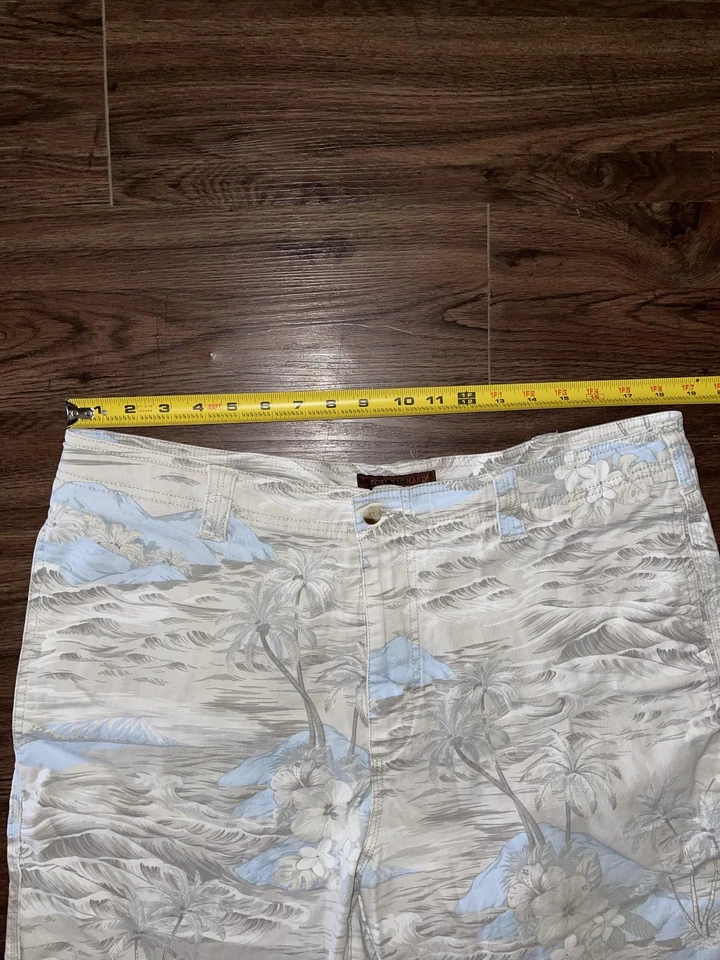 Pantalones Cortos Tori Richard Para Hombre 38 Beige Azul Hawaiano Aloha Estampado Tropical Elástico Foto 3 de 4