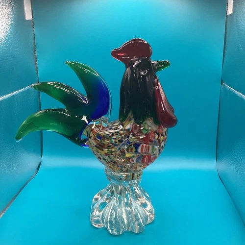 Vintage Murano Style Blown Art Glass Millefiori Rooster Figurine 9”