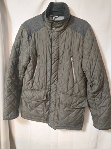 Cole Haan Men's Small Quilted Jacket Pleather Trim Elbow Patches Olive EUC $295 - Picture 5 of 10