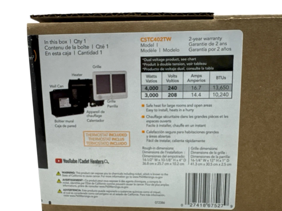 Calentador de pared eléctrico doble Cadet Com-Pak 13650 BTU con termostato CSTC402TW Foto 4 de 4