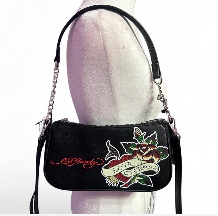 NWT Ed Hardy Black Shoulder/Crossbody Bag with Rhinestone Love Eternal Logo