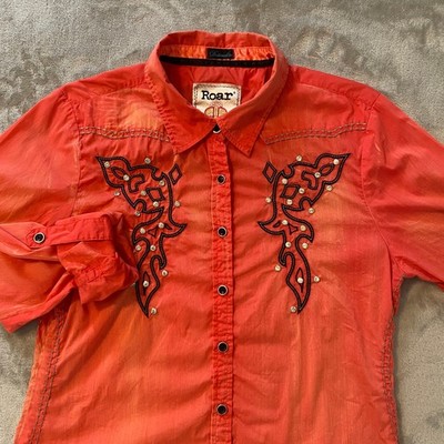 Roar Button Down Shirt Sz L Coral Vintage Ellie Western Rhinestone Embroidered