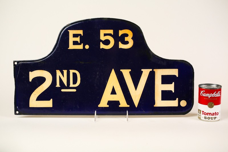 ORIGINAL NYC PORCELAIN ENAMEL STREET SIGN - HUMPBACK -E. 53RD STREET & 2ND AVE.