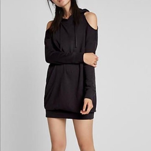 NWT Express Cold Shoulder Soft Hooded Knit Sweatshirt Dress in Jet Black XS  | eBay