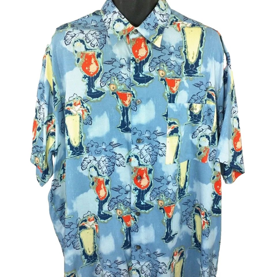 Tropical Hawaiian Shirt Mens Size XL Blue John Henry Viva Aloha Cocktails - Image 2 of 4
