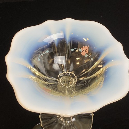 Rare Fenton Glass French Opal Footed Compote Vase Dish White Opalescent Painted - Picture 7 of 12