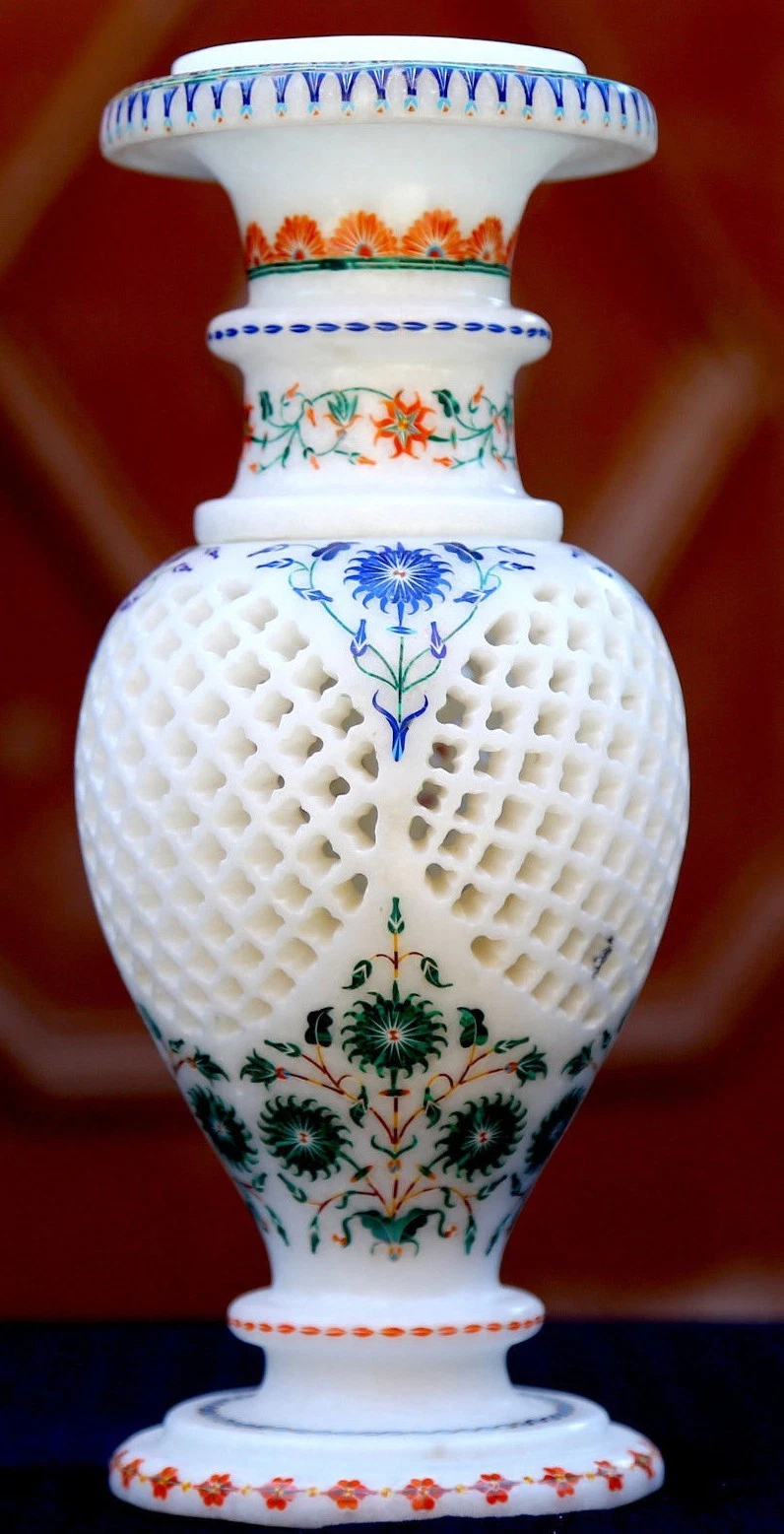 9" White Marble Flower Pot Grill Work Semi Inlaid Marquetry Patio Arts Gifts