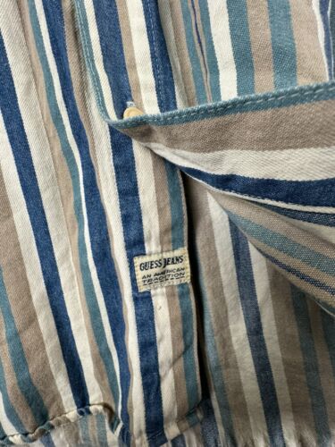 Guess Shirt Mens Medium M Blue White Short Sleeve Button Up Striped Cotton USA - Picture 3 of 10