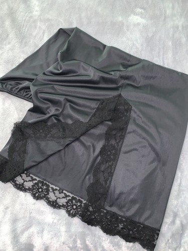 Vtg Shiny SoFt Nylon LONG floor length Half Slip Skirt M/L Lacy Slit Union - Picture 4 of 10