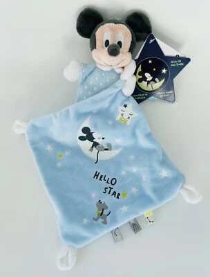 3964🌟Doudou Plat Mouchoir Mickey Mouse DISNEY BABY Hello Star Bleu Luminescent - Photo 1/2