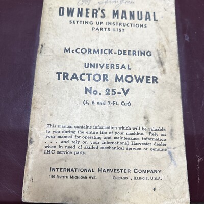 McCormick Deering Tractor Mower 25-V Owners Manual 